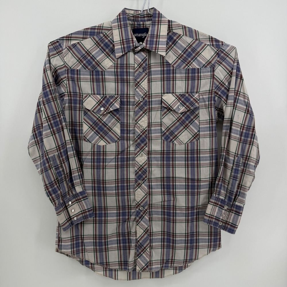 Wrangler Western Shirt Mens L Blue Plaid Cotton Blend Pearl Snap Button Down
